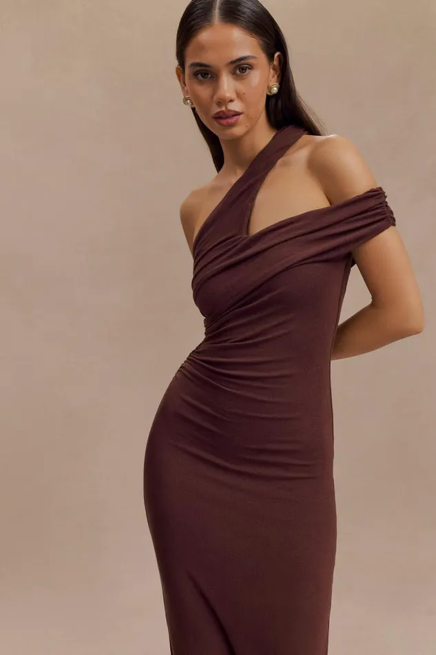 Women Meshki Dresses Anastasia One Shoulder Modal Midi Dress 8211 Mahogany