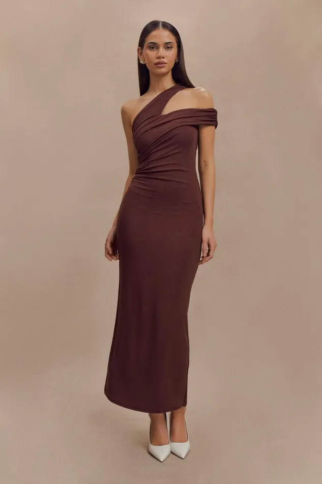 Women Meshki Dresses Anastasia One Shoulder Modal Midi Dress 8211 Mahogany