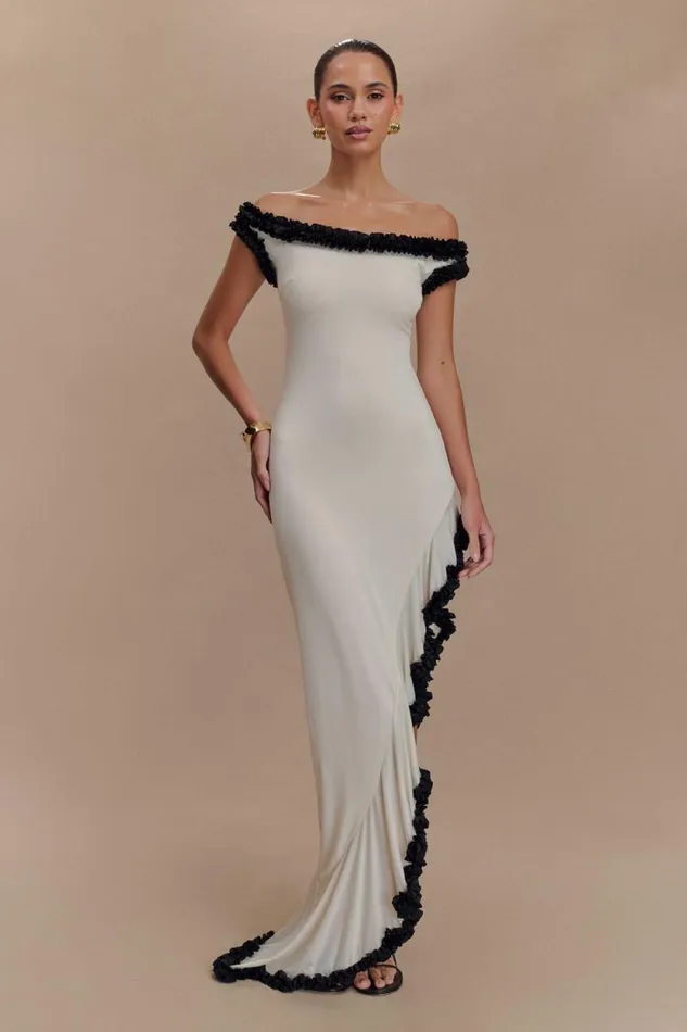 Women Meshki Dresses Arielle Off Shoulder Ruffle Midi Dress 8211 IvoryBlack