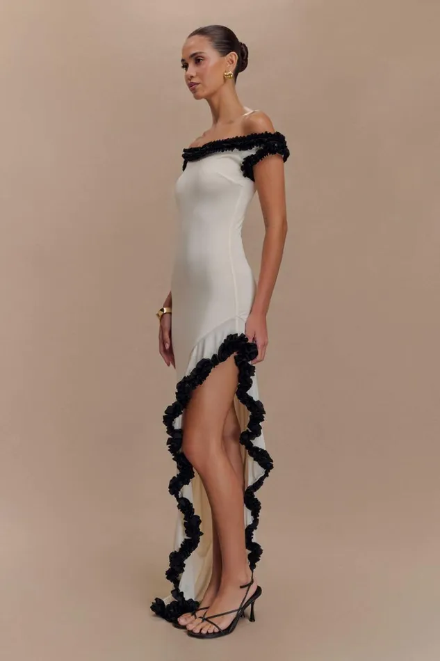 Women Meshki Dresses Arielle Off Shoulder Ruffle Midi Dress 8211 IvoryBlack