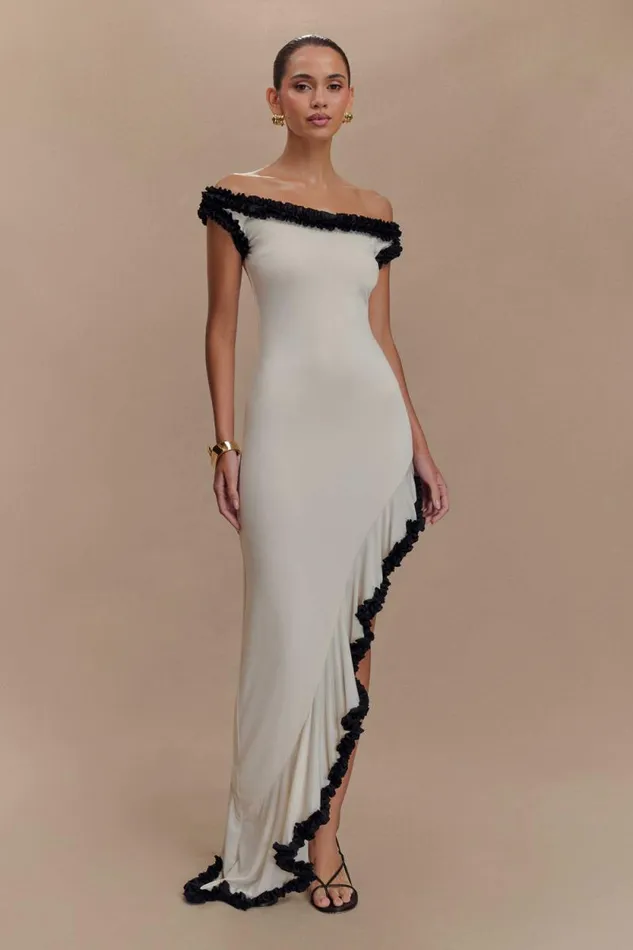 Women Meshki Dresses Arielle Off Shoulder Ruffle Midi Dress 8211 IvoryBlack