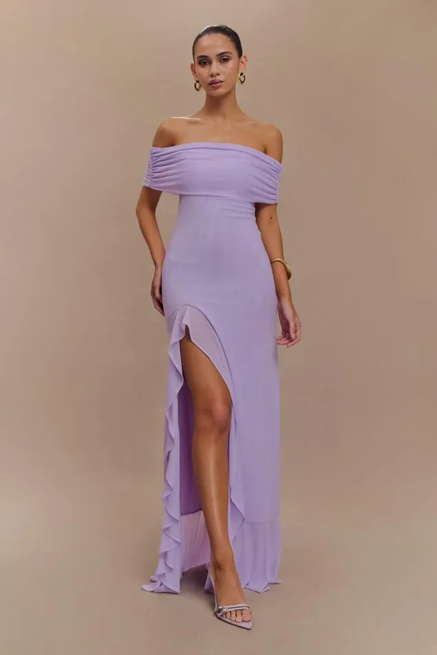 Women Meshki Dresses Audrey Off Shoulder Mesh Maxi Dress 8211 Lilac