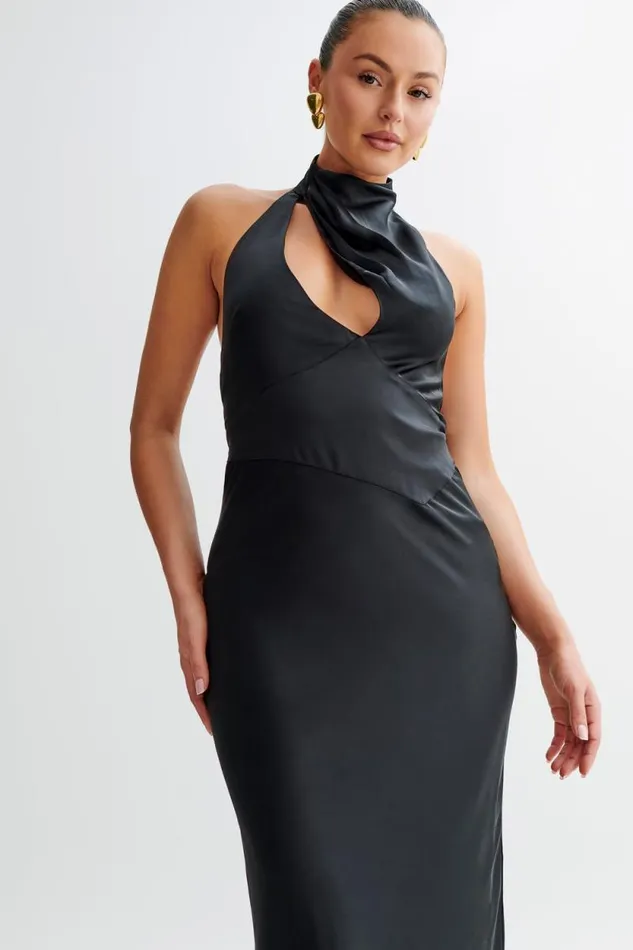 Women Meshki Dresses Belladonna Satin Halter Maxi Dress 8211 Black