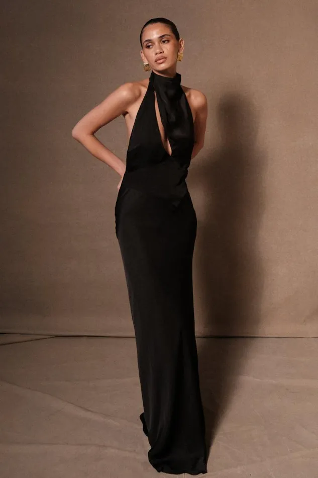 Women Meshki Dresses Belladonna Satin Halter Maxi Dress 8211 Black