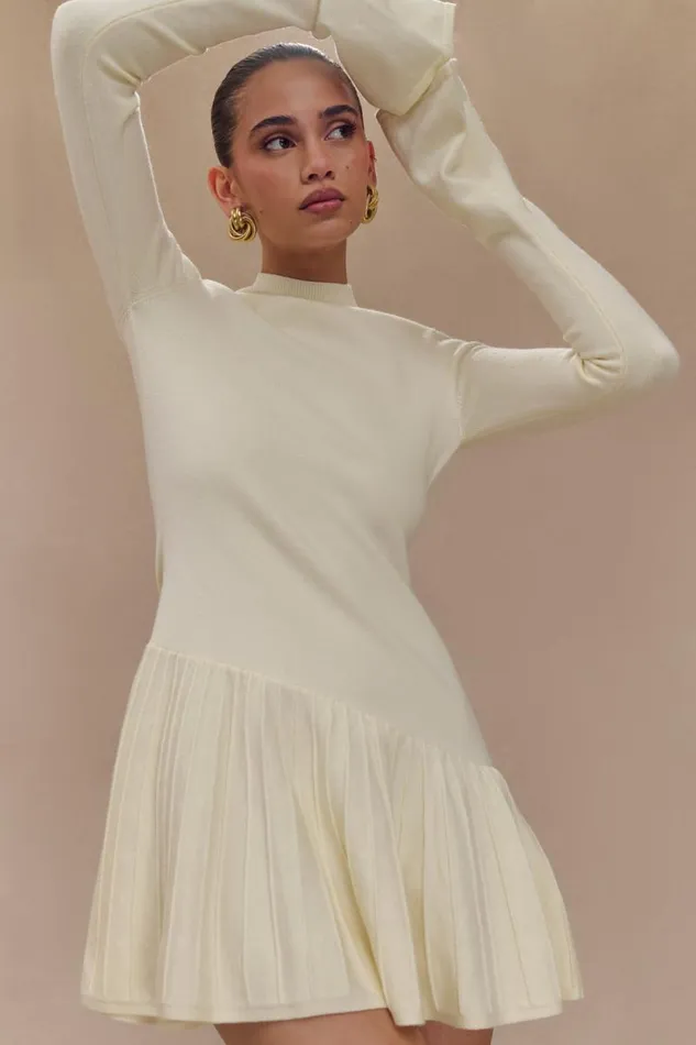 Women Meshki Dresses Blair Knit Mini Dress With Pleats 8211 Ivory