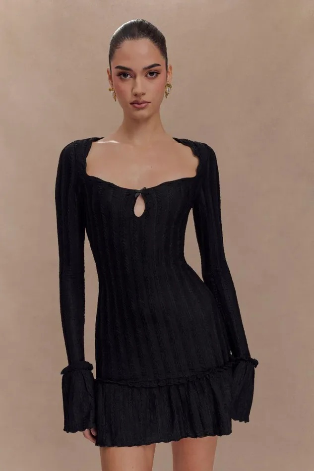 Women Meshki Dresses Daphne Pointelle Long Sleeve Mini Dress 8211 Black
