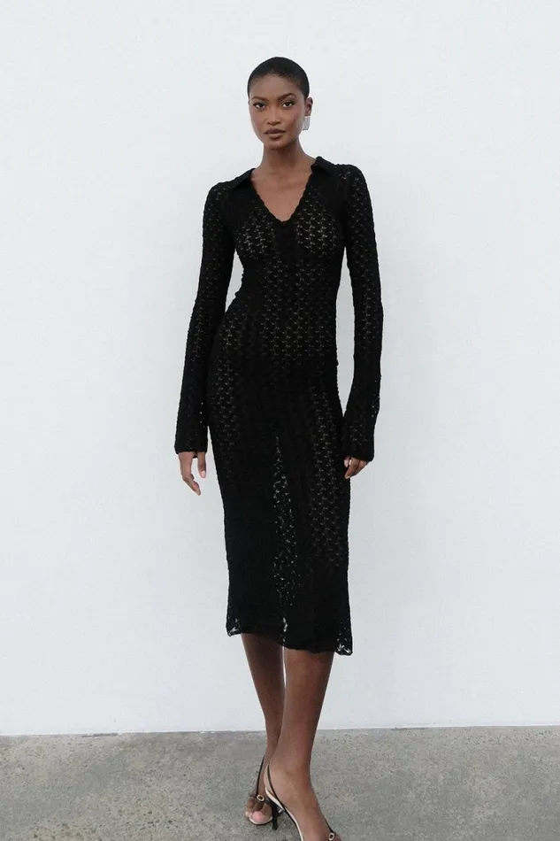 Women Meshki Dresses Dionne Lace Long Sleeve Midi Dress 8211 Black