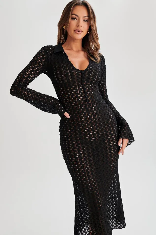 Women Meshki Dresses Dionne Lace Long Sleeve Midi Dress 8211 Black