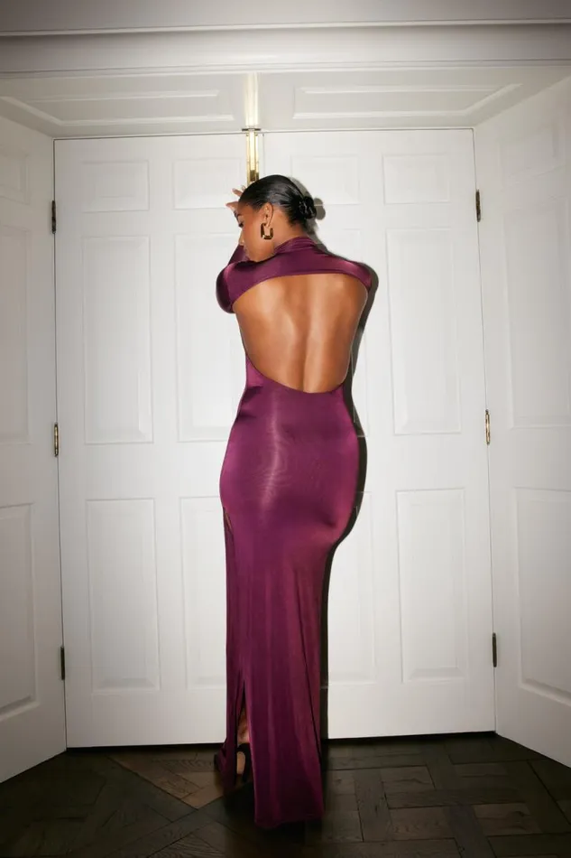 Women Meshki Dresses Elani Slinky High Neck Maxi Dress 8211 Burgundy