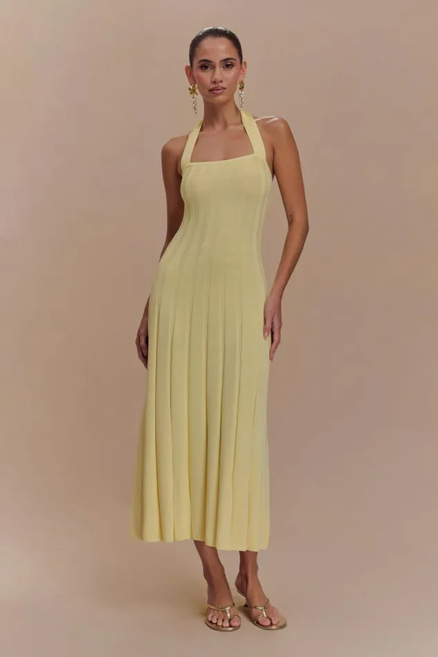 Women Meshki Dresses Jacqui Halter Knit Midi Dress 8211 Lemon