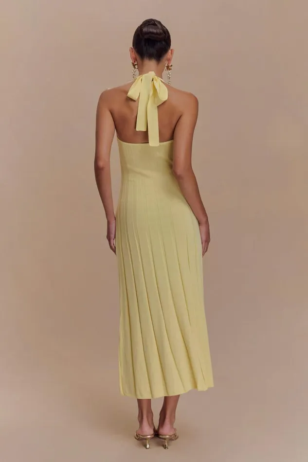 Women Meshki Dresses Jacqui Halter Knit Midi Dress 8211 Lemon