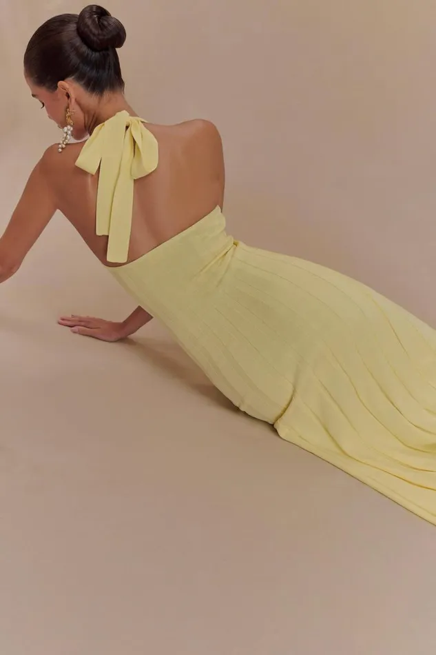 Women Meshki Dresses Jacqui Halter Knit Midi Dress 8211 Lemon
