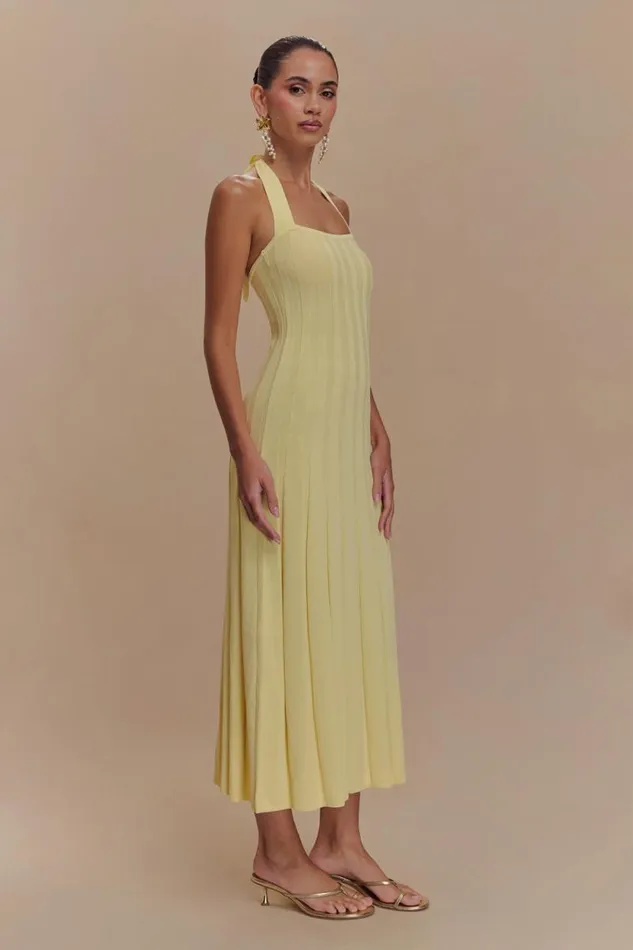 Women Meshki Dresses Jacqui Halter Knit Midi Dress 8211 Lemon