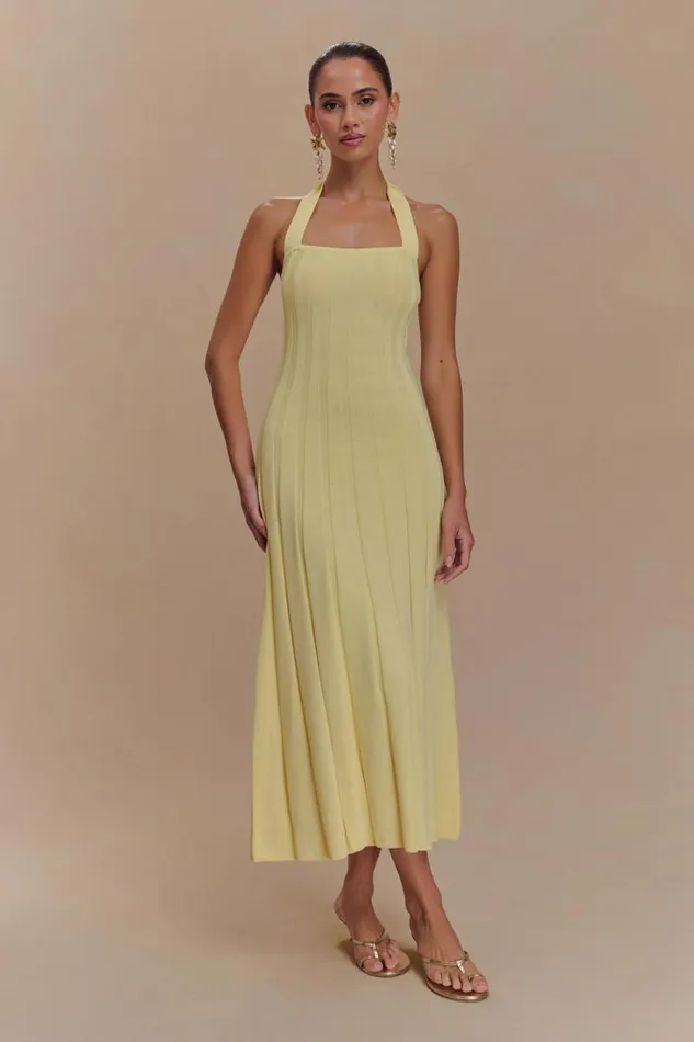Women Meshki Dresses Jacqui Halter Knit Midi Dress 8211 Lemon