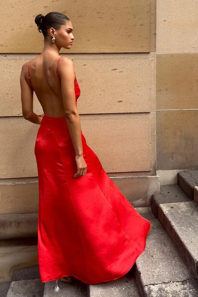 Women Meshki Dresses Kamala Low Back Satin Maxi Dress 8211 Red