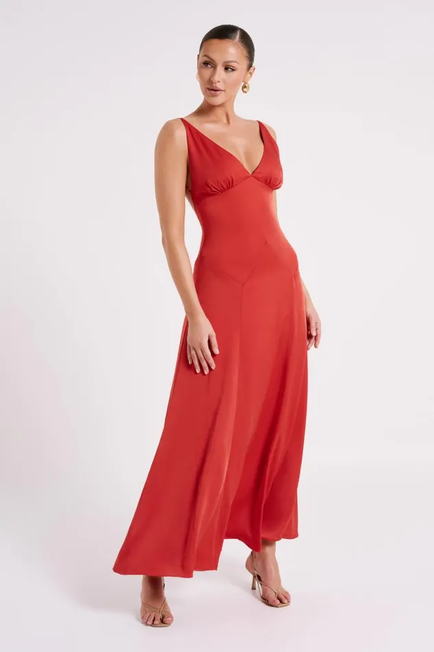 Women Meshki Dresses Kamala Low Back Satin Maxi Dress 8211 Red