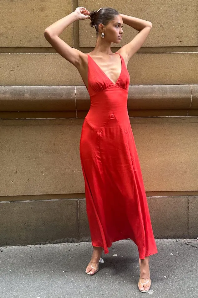 Women Meshki Dresses Kamala Low Back Satin Maxi Dress 8211 Red