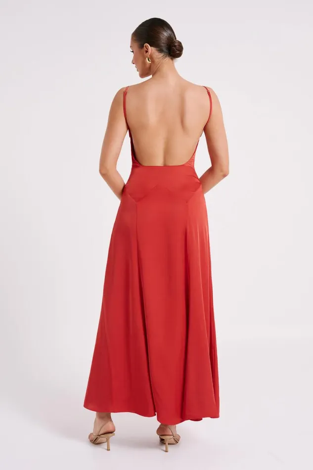 Women Meshki Dresses Kamala Low Back Satin Maxi Dress 8211 Red