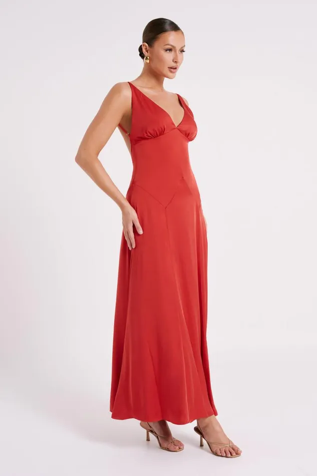 Women Meshki Dresses Kamala Low Back Satin Maxi Dress 8211 Red