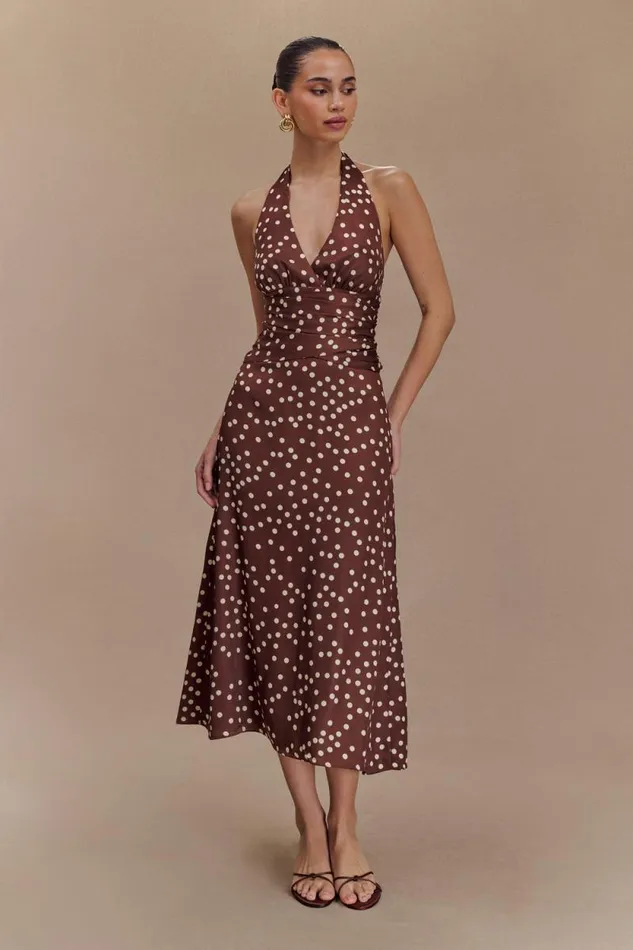 Women Meshki Dresses Marguerite Satin Halter Midi Dress 8211 Brown Polka Dot Print