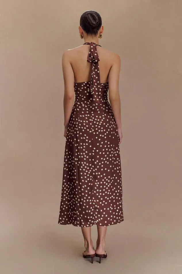 Women Meshki Dresses Marguerite Satin Halter Midi Dress 8211 Brown Polka Dot Print