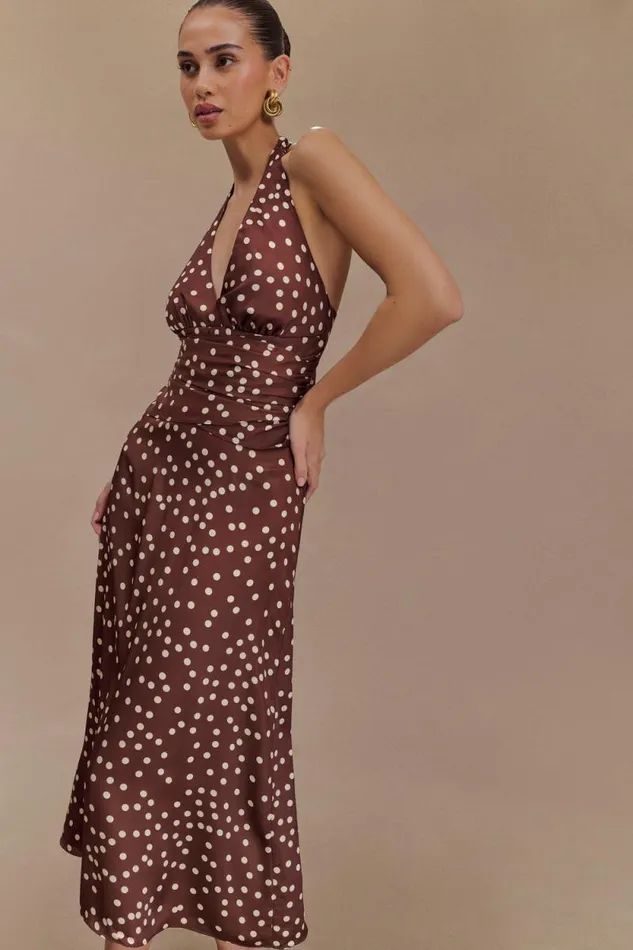 Women Meshki Dresses Marguerite Satin Halter Midi Dress 8211 Brown Polka Dot Print