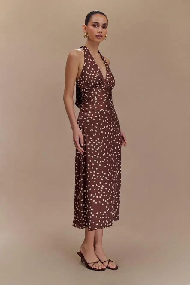 Women Meshki Dresses Marguerite Satin Halter Midi Dress 8211 Brown Polka Dot Print