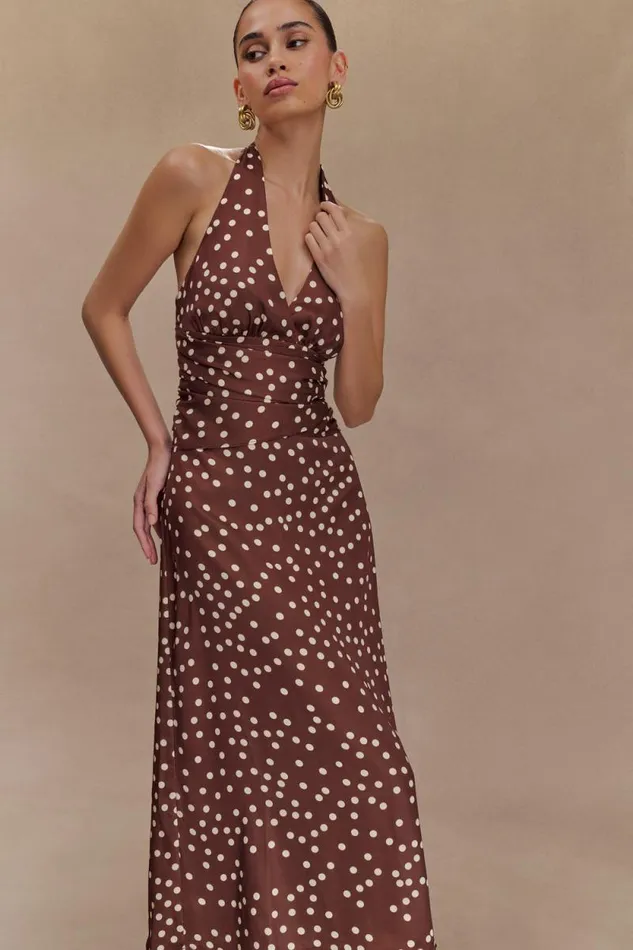 Women Meshki Dresses Marguerite Satin Halter Midi Dress 8211 Brown Polka Dot Print