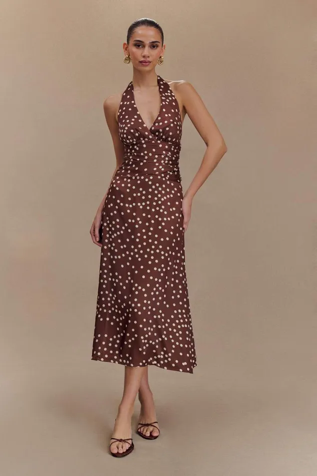 Women Meshki Dresses Marguerite Satin Halter Midi Dress 8211 Brown Polka Dot Print