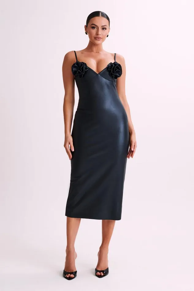 Women Meshki Dresses Mariam Faux Leather Rose Midi Dress 8211 Black