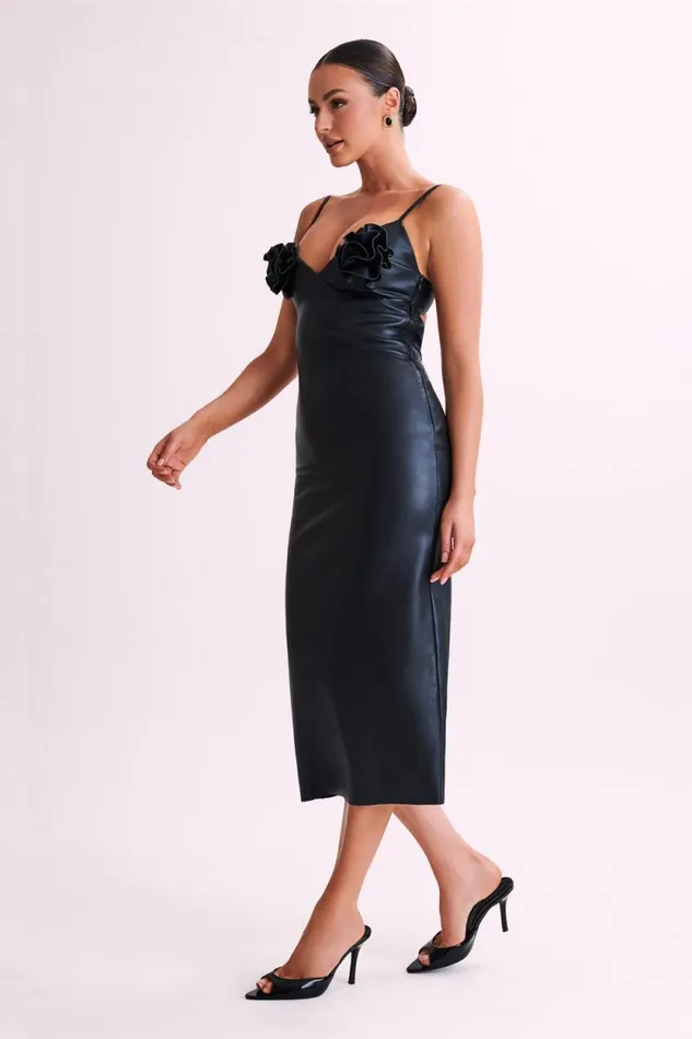 Women Meshki Dresses Mariam Faux Leather Rose Midi Dress 8211 Black