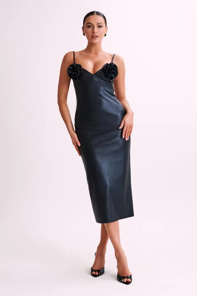 Women Meshki Dresses Mariam Faux Leather Rose Midi Dress 8211 Black