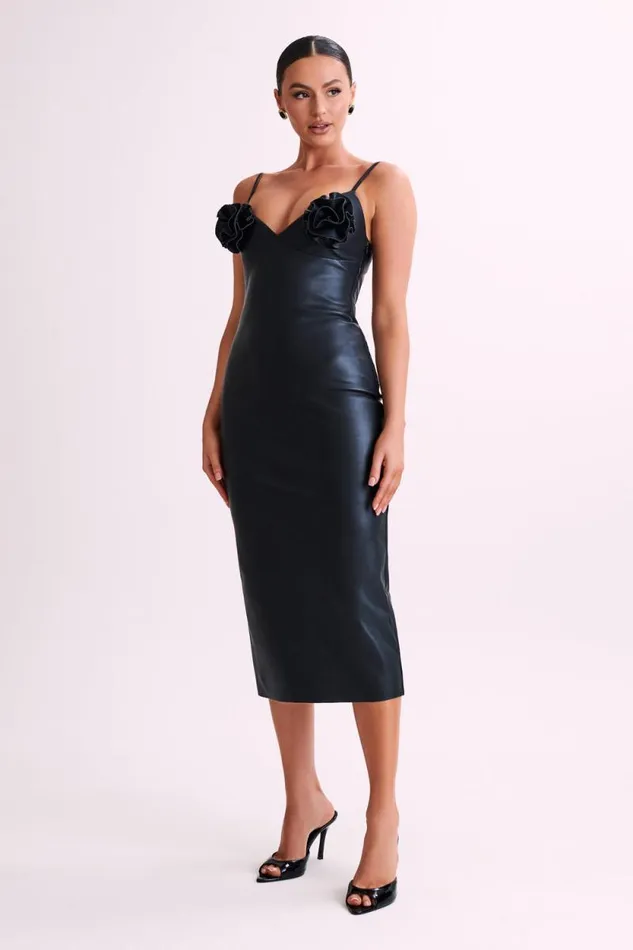 Women Meshki Dresses Mariam Faux Leather Rose Midi Dress 8211 Black