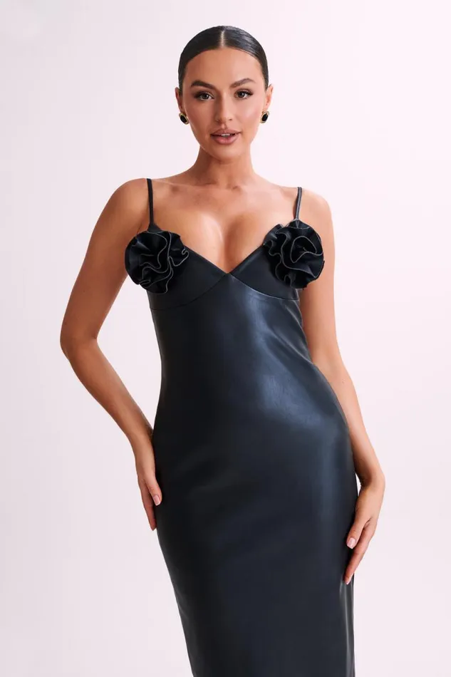 Women Meshki Dresses Mariam Faux Leather Rose Midi Dress 8211 Black