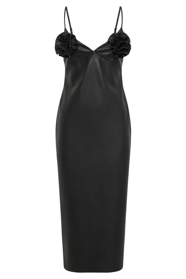 Women Meshki Dresses Mariam Faux Leather Rose Midi Dress 8211 Black