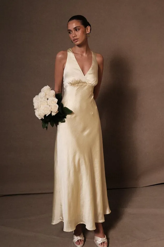 Women Meshki Dresses Meghan Satin Maxi Dress 8211 Lemon Sorbet