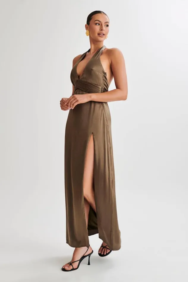 Women Meshki Dresses Milana Halter Maxi Dress 8211 Khaki