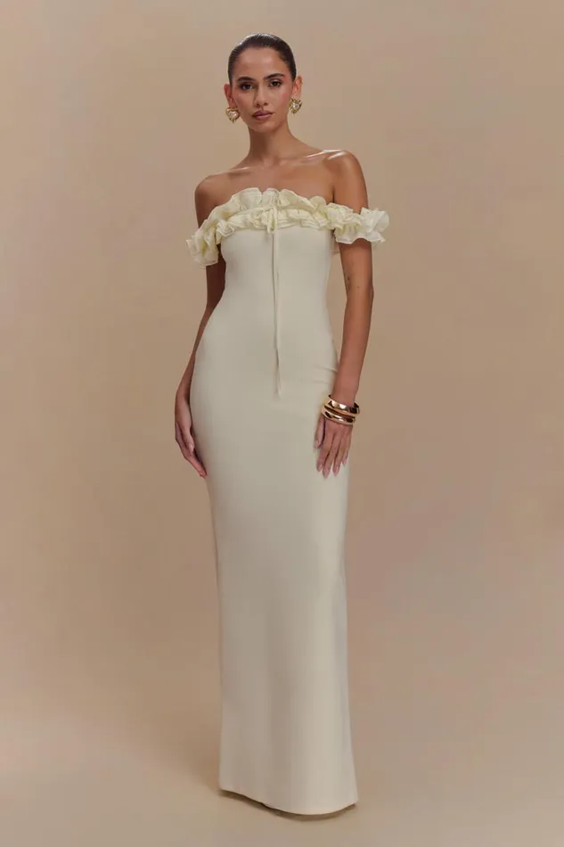 Women Meshki Dresses Nova Ruffle Off Shoulder Maxi Dress 8211 Ivory