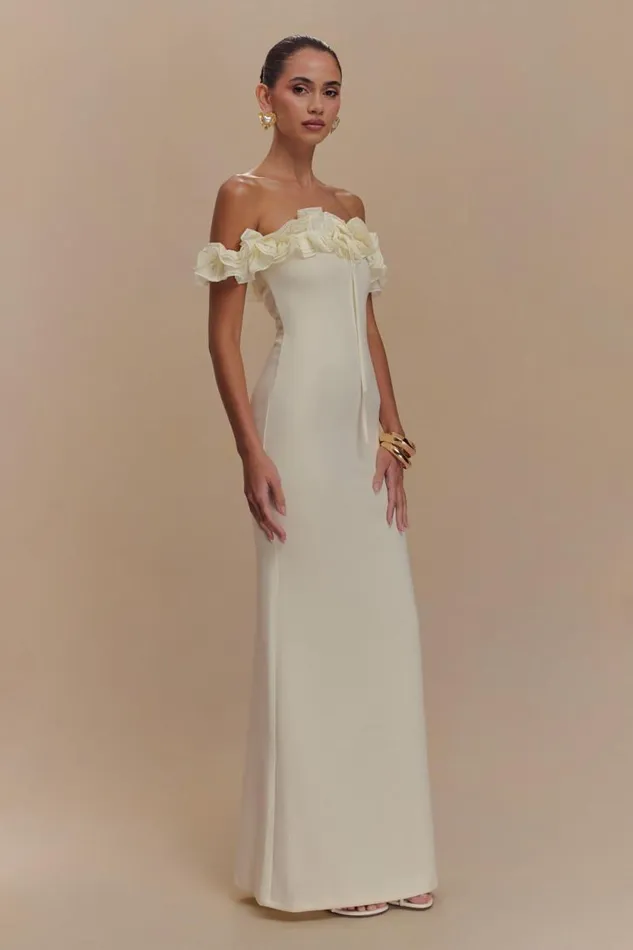 Women Meshki Dresses Nova Ruffle Off Shoulder Maxi Dress 8211 Ivory