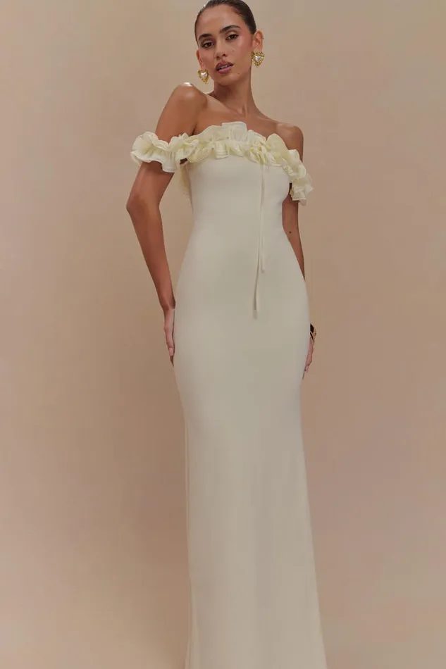 Women Meshki Dresses Nova Ruffle Off Shoulder Maxi Dress 8211 Ivory