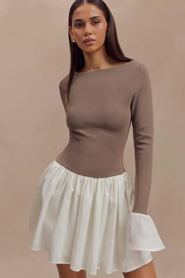 Women Meshki Dresses Sansa Knit And Linen Mini Dress 8211 Smoke and Ivory