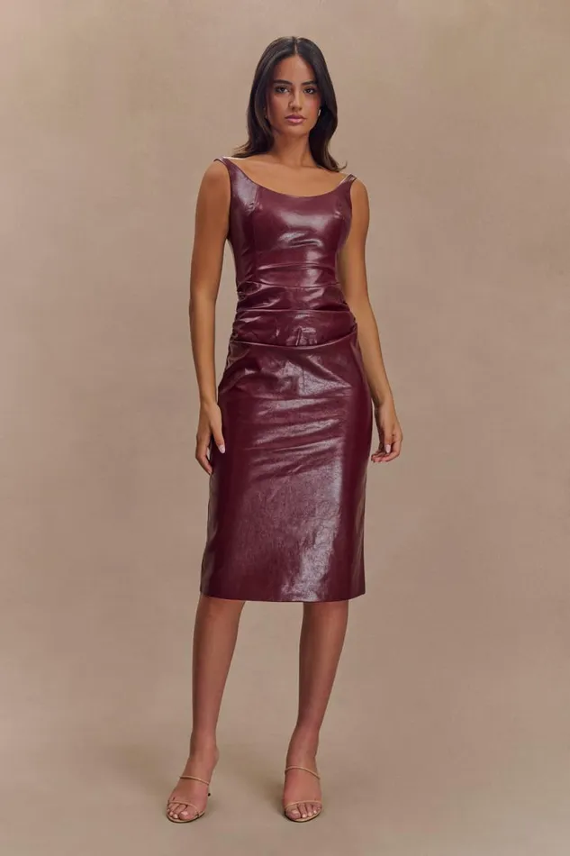 Women Meshki Dresses Sonia Faux Leather Midi Dress 8211 Cherry Red