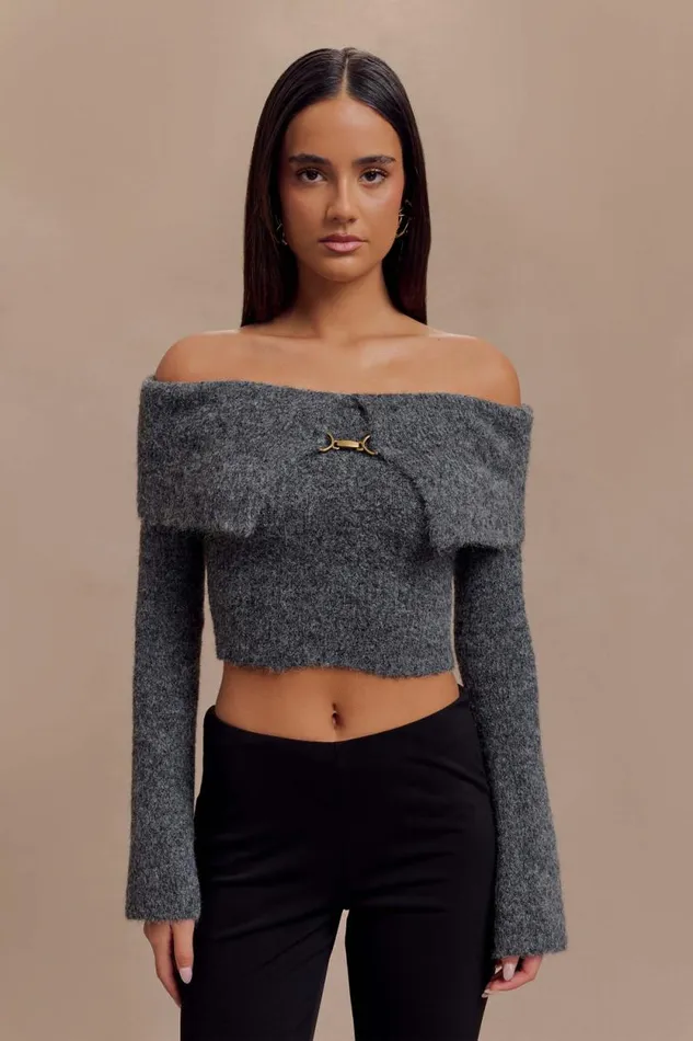 Women Meshki Tops Baxter Off Shoulder Fluffy Knit Top 8211 Charcoal