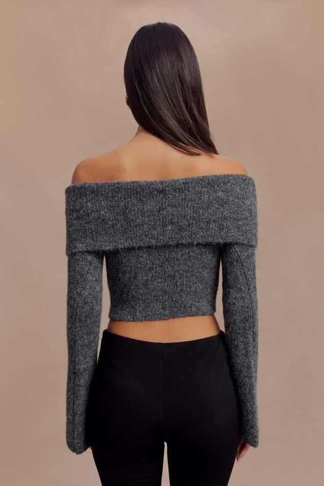 Women Meshki Tops Baxter Off Shoulder Fluffy Knit Top 8211 Charcoal
