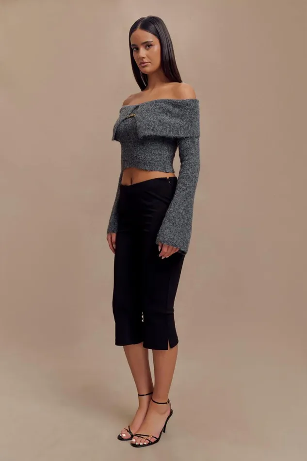 Women Meshki Tops Baxter Off Shoulder Fluffy Knit Top 8211 Charcoal
