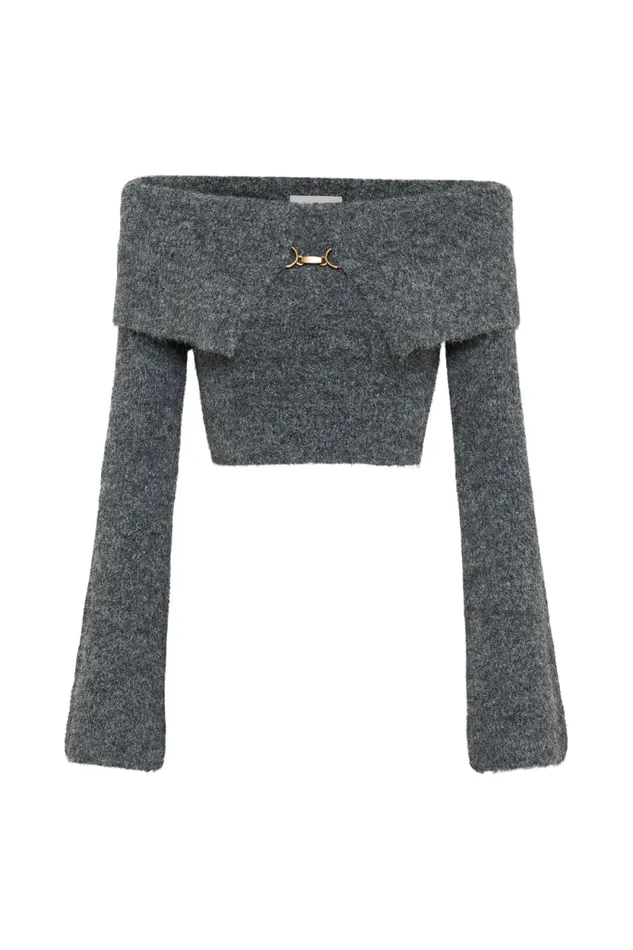 Women Meshki Tops Baxter Off Shoulder Fluffy Knit Top 8211 Charcoal