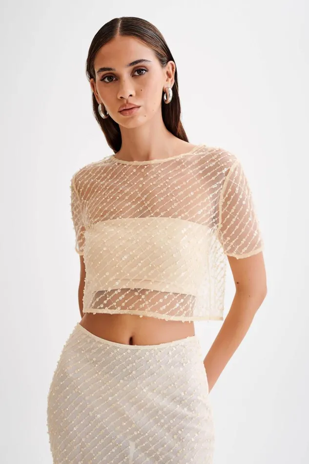 Women Meshki Tops Brynne Sequin Short Sleeve Top 8211 Buttercream