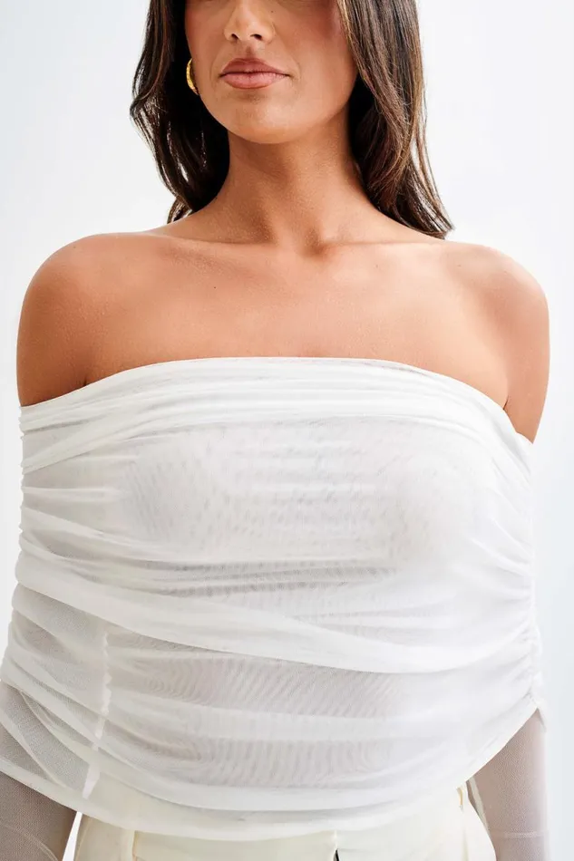 Women Meshki Tops Everly Sheer Mesh Off Shoulder Top 8211 Ivory