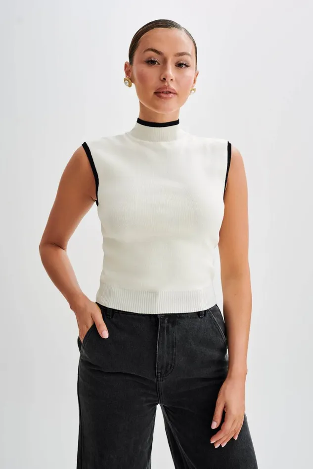 Women Meshki Tops Laurina High Neck Contrast Top 8211 Ivory