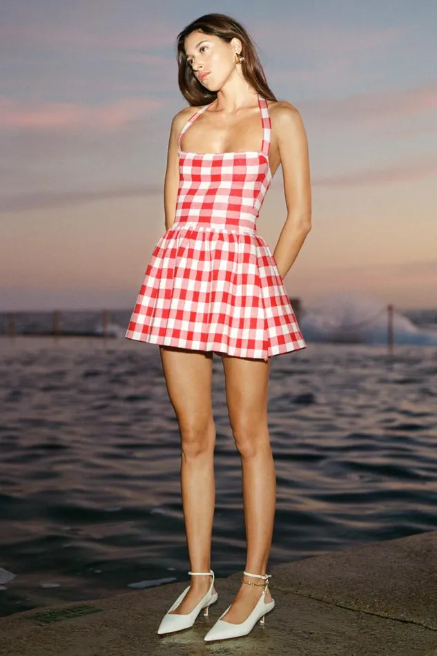 Women Meshki Tops Lindsay Halter Knit Mini Dress 8211 Red Gingham